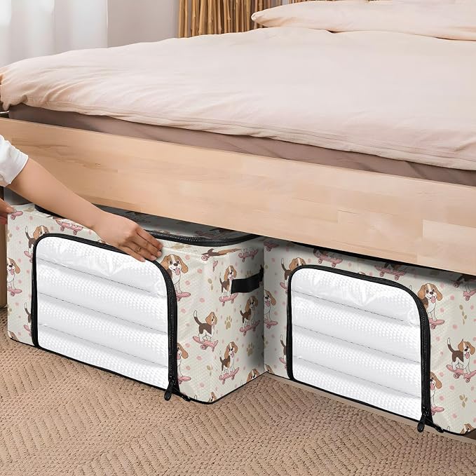Cute Pets Dog Beige pattern Under Bed Storage Containers with Double Zipper Openings, Foldable Clothes Storage Bins with Clear Window and Handles for Bedding Comforters Blankets
