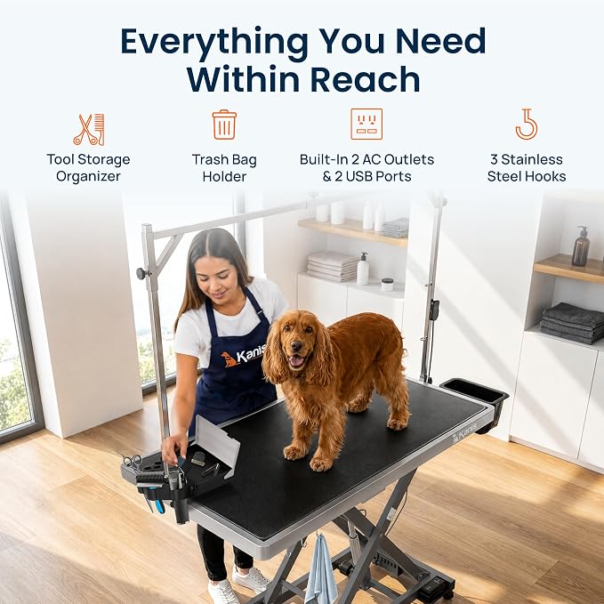 Professional Electric Dog Grooming Table - Heavy Duty | Height Adjustable Pet Grooming Table w/Leveling Wheels, Dog Grooming Arm, Anti-Slip Tabletop & Tool Organizer (Grey, 49")