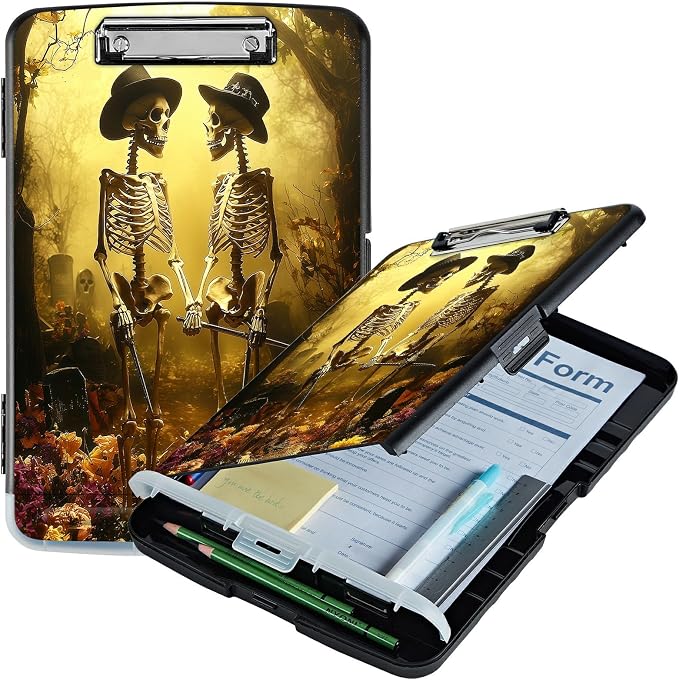 A4 Clipboard with Storage Pen Holder, Clipboards Organizer Nursing Clipboard Foldable File Folder Plastic Clipboard Folio Clip Board for Office Work Classroom Doctor, Forest Skull Leaf