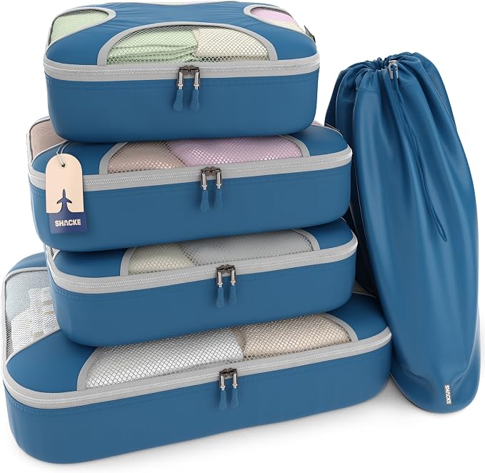 Shacke 5 Set Packing Cubes for Travel with Laundry Bag (Navy Blue) | Suitcase Organizer Bags Set: 4 Water-Resistant Luggage Cubes, XL to Small, + Laundry Bag for Carry-On or Checked