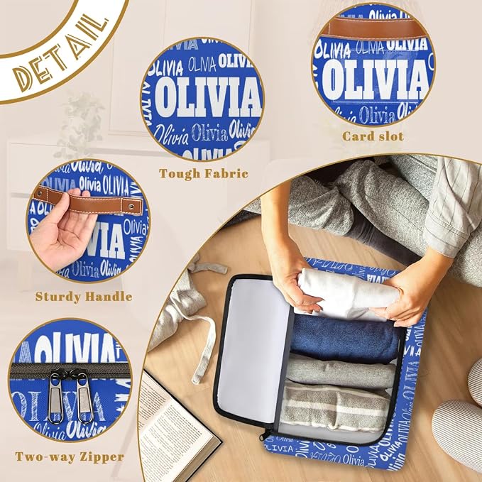 Custom Rectangle Storage Basket Zipper Lid, Personalized Name Navy Blue Organizer Bin for Pet/Children Toys, Books, Clothes, Perfect for Rooms/Playroom