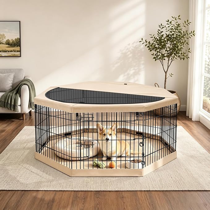 PETIME Foldable Metal Dog Exercise Pen/Pet Puppy Playpen Kennels Yard Fence Indoor/Outdoor 8 Panel 24" W x 30" H with Top Cover and Bottom Pad