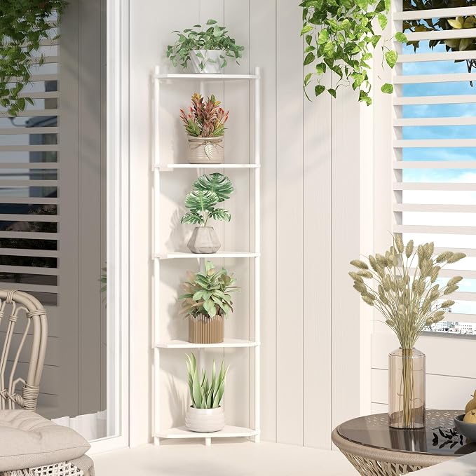 Wisuce White Tall Corner Shelf Stand, 5-Tier Bamboo Corner Bookshelf | Space-Saving Narrow Corner Shelf | Bathroom Corner Shelf | Shelves for Bedroom, Living Room, Kitchen & Plant Display