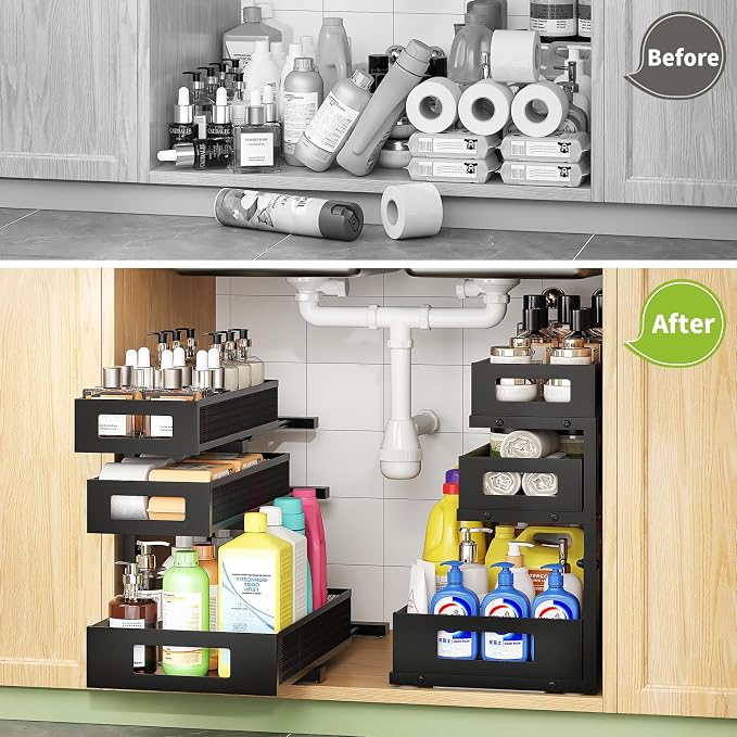 Under Sink Organizer,3-Tier Heavy Duty Pull out Cabinet Organizer Shelf | Height Adjustable,Thickened Metal,Slide out Storage Drawer Rack for Kitchen Bathroom Pantry Laundry Home Organization