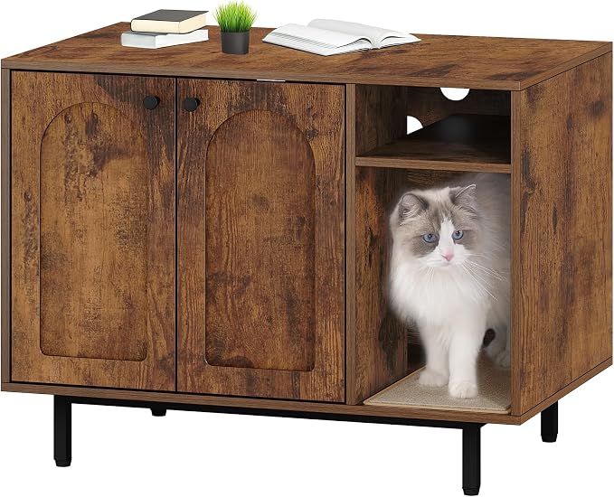 Hzuaneri Cat Litter Box Enclosure, Hidden Litter Box Furniture with Storage | Large Wooden Cabinet with Sisal Mat, Modern Cat Washroom for Living Room, Bedroom, Entryway, Rustic Brown and Black CB01501B