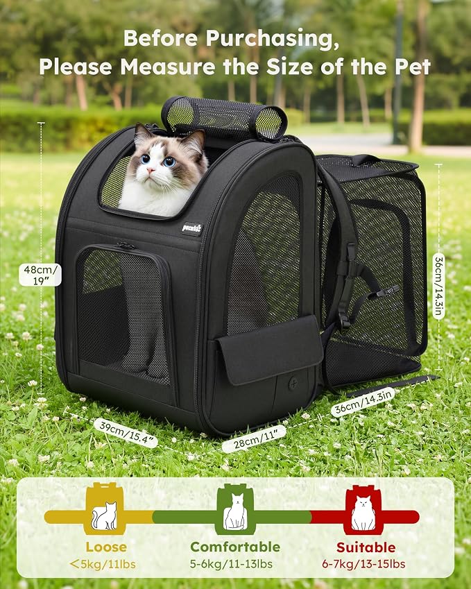 pecute Dog Backpack Expandable, Cat Carrier Backpack Breathable, Large | Durable Oxford Cloth, Lockable Zipper,Use for Pet Under 15 lbs to Travel