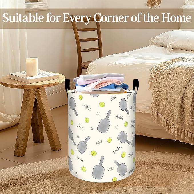 Pickleball Laundry Basket, Paddle Ball Print Foldable Oxford Cloth, Waterproof Dirty Clothes Hamper with Handles, Clothing Storage Bin Toy Organizer for Bedroom Dorm Bathroom, 19.7"x15.7"