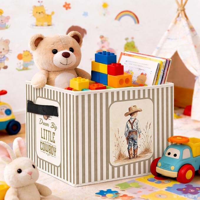 Little Cowboy Storage Bin, Foldable Fabric Basket for Kids Room | Foldable fabric storage bin with western cowboy design for toys, books, clothes, nursery, bedroom, and playroom use.