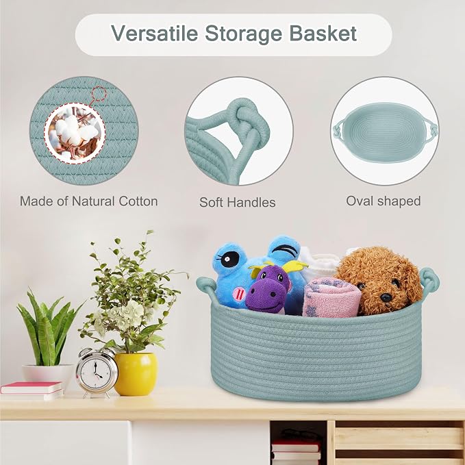 COMSE Small Gift Basket Empty with Bag & Ribbons, Solid Light Green | Cotton Rope, 12"x 8"x 5", Pet Toy Storage Organizer, Woven Basket for Birthdays, Baby Showers, Mother’s Day, Valentine’s Day