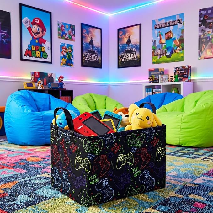 MAIZMZ Game Controller Storage Bin, Waterproof Linen Laundry Basket with Handles for Game Room Bed, Gifts,Toys