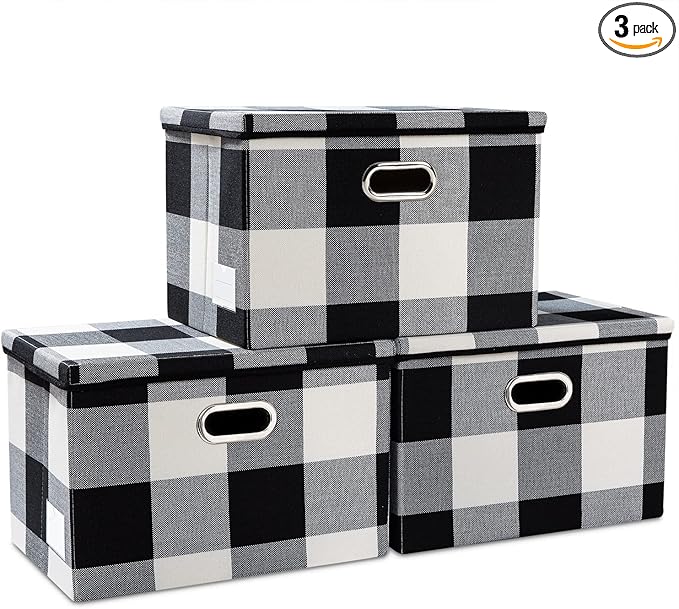 Large Collapsible Storage Bins with Lids [3-Pack] Fabric Foldable Storage Boxes Organizer Containers Baskets Cube with Cover for Home Bedroom Closet Office Black and White (17.7x11.8x11.8)