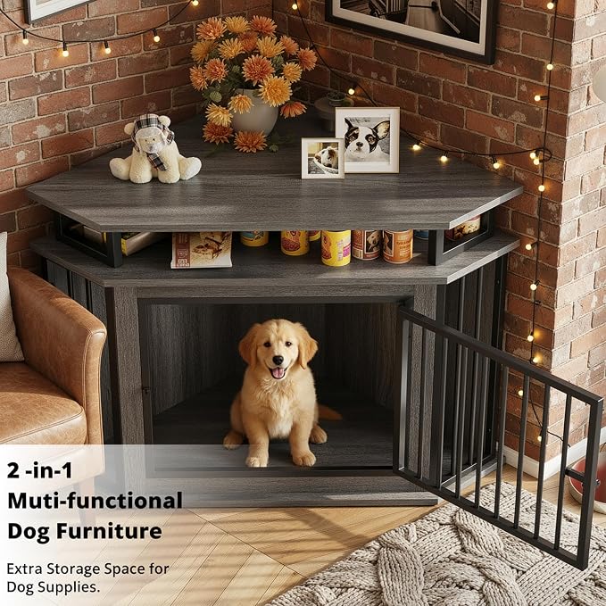 IRONCK 43.3" Corner Dog Crate Furniture with 2-Tier Shelves Gray | 10mm thickened iron frame. 2-tier storage shelves and 180 lb tabletop. 23.6"L x 43.3"W x 32"H. Space-Saving Indoor crate.