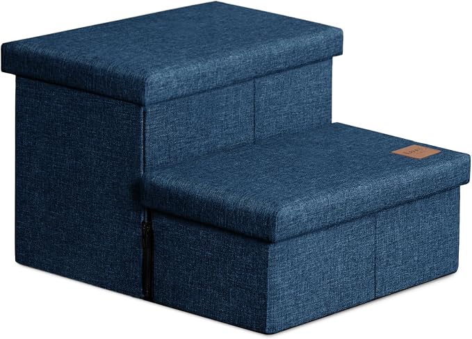 Love's cabin Dog Stairs for High Bed, Foldable Pet Stairs for Small Medium or Large Dogs Puppy with Storage for Bed or Couch, Cat Dog Steps Ramp with Zip up to 200 lbs, Navy Blue, 2 Steps