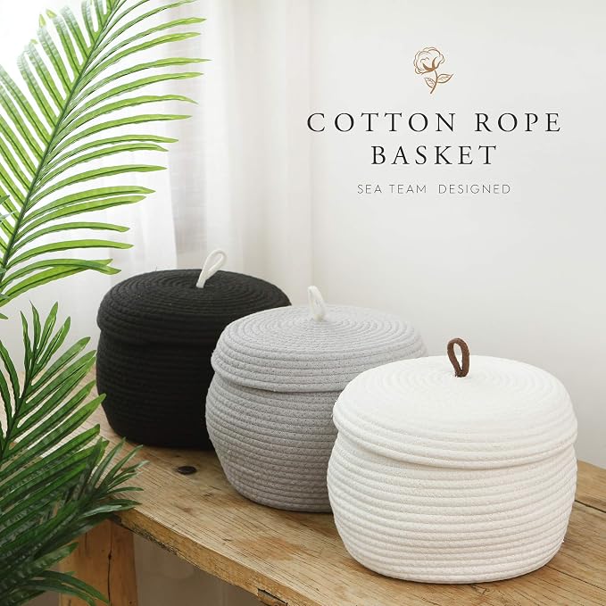 Sea Team Round Woven Cotton Rope Storage Basket with Lid, Gray, 2-Pack | Lidded Knitted Decorative Storage Bin, Pot, Caddy, Organizer, Container for Snacks, Towels, Plants, 10 x 7.5 Inches