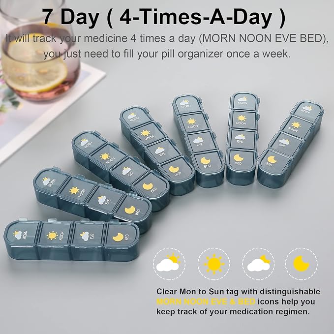 Acedada Pill Organizer 4 Times A Day, Weekly Travel Pill Box 7 Day, Blue | Large Medicine Organizer Box, Pill Case 4X A Day, Easy to Open, Daily Pill Holder Container for Vitamin, Fish Oil Supplements