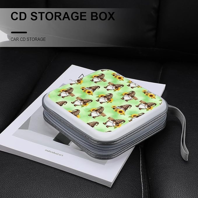 Protective DVD Case Holder Sunflower Gnomes, 40-Capacity Hard Plastic Binder with Zipper, Portable CD Organizer for Car Home