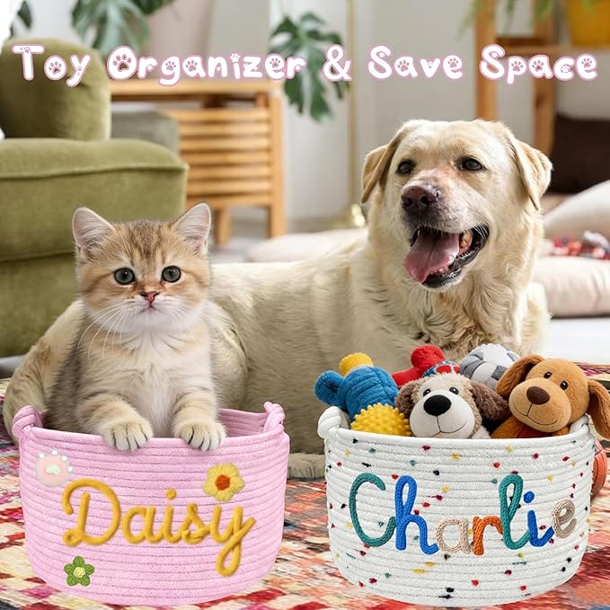 Personalized Dog Cat Toy Storage Basket Bin with Name Custom Puppy Cotton Rope Organizer Box for Toys Pet Supplies Puppy Birthday Gifts Basket