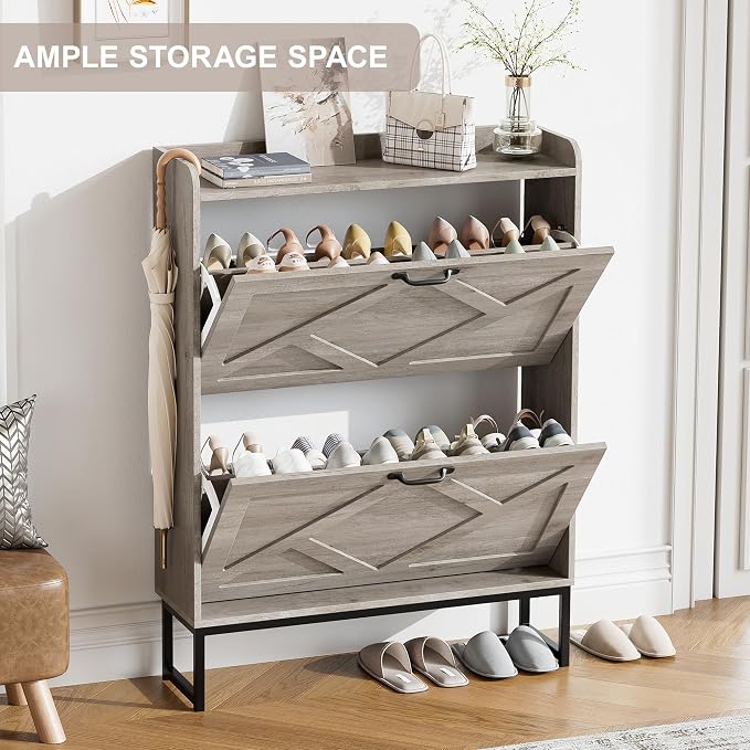 Shoe Storage Cabinet with 2 Flip Drawers, Freestanding Shoe Organizer, Shoe Cabinet with Metal Legs, Narrow Shoe Rack Cabinet, Farmhouse Slim Shoe Cabinet for Entryway, Hallway, Rustic Gray