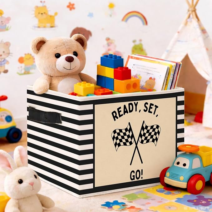 Racing Storage Bin, Checkered Flag Black White Stripe Fabric Basket | Foldable racing flag fabric organizer for nursery, bedroom, playroom, toys, books, and clothes