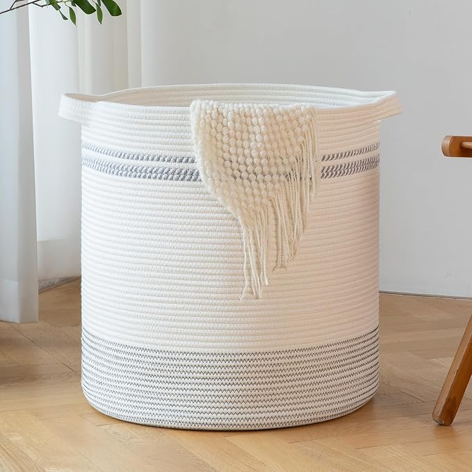 OIAHOMY 80L Laundry Basket, Laundry Hamper, Cotton Rope Storage Basket with Handles, Decorative Woven Basket for Living Room,Storage Baskets for Clothes, Blankets, and Toys -20''×18'', White&Gray | Tall Dirty Clothes Hamper with Handle,Blanket Basket,D...