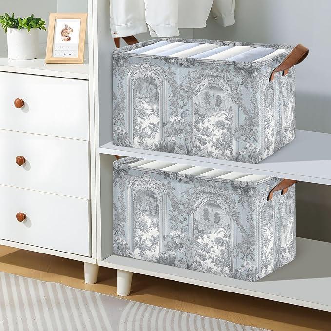 Vintage French Floral Classic Blue Storage Basket Foldable Cube Storage Bins with Handles&Labels Collapsible Organizer Box Bin Large Rectangle Decorative Baskets for Shelves Home Room Laundry-2 PC