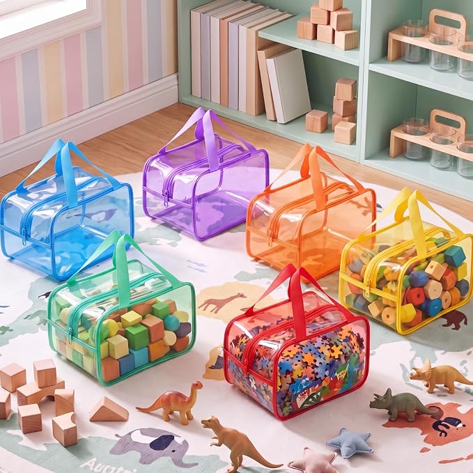 Shinylin 12 Pack Colorful Large Toy Storage Bags with Zipper 9.8 x 5.9 x 7.1 Inch Reusable Waterproof PVC Board Game Storage Bags with Labels for Puzzles Building Blocks Book Stationery