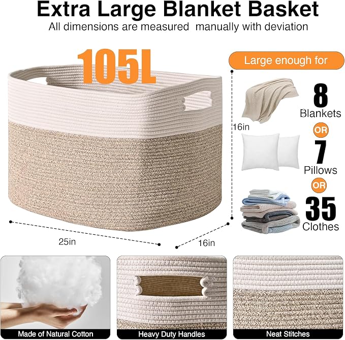 ICERZCZ Extra Large Blanket Basket for Living Room, Rectangle Woven Cotton Rope Storage for Blankets, Toys, Clothes, Shoes, 25”x16”x16”, Off White & Brown, 108L