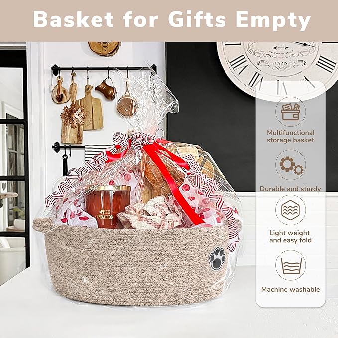 Dog Toy Basket, Small Woven Basket for Pet Toy Storage, Brown | 12"x 8" x 5" Small Dog Toy Bin & Box with Handles, Fits Living Room Bedroom Nursery Organization, Gift Basket Empty for Pets