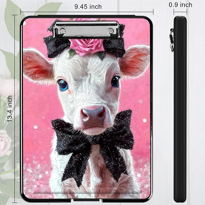 Heavy Duty Storage Clipboard, Slim Nursing Clipboard with Internal Pen Case, Portable File Organizer Case for A4 Letter Size Paper Office Medical Professionals, Pink Flower White Cow
