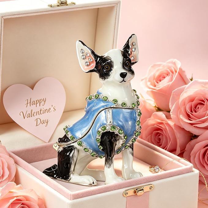 Hand Painted Enamel Chihuahua Trinket Box, Hinged Metal Vintage Jewelry Treasure Organizer