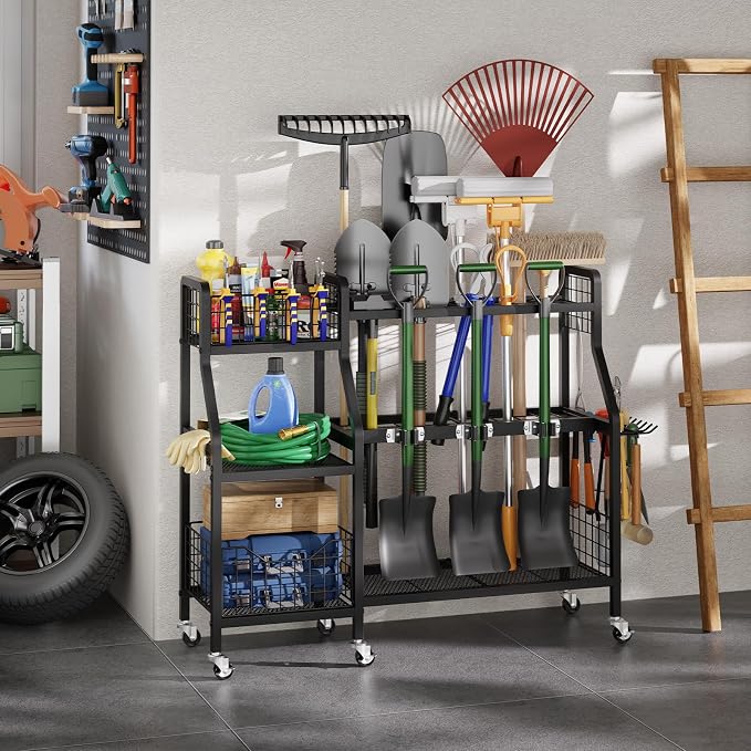 keomaisyto Heavy-Duty Garden Tool Organizer with 6 Wheels and 2 Baskets | 3 Lockable Casters, Large Metal Yard Tool organizer, Garage Tool Organization and Storage for Shed/Yard/Broom Closet/Lawn