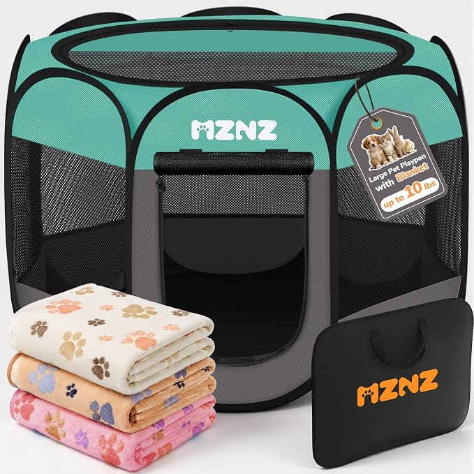 Dog Cat Small Animal Puppy Playpen Crate with 3 Blankets, Small, Blue | Portable Pop Up Pet Cage Enclosure Tent Kennel Indoor Outdoor with Carrying Case, No Assembly, Camping Use