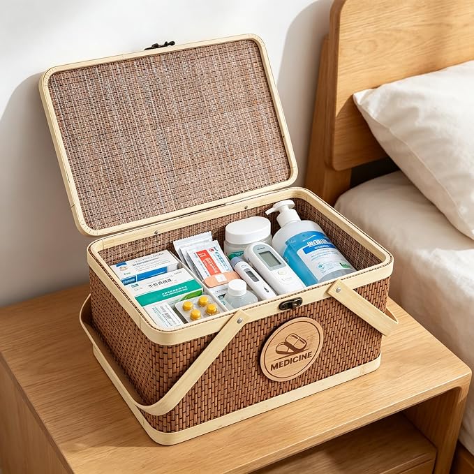 Medicine Basket, Medicine Basket Organizer with Lid, Seagrass Storage Basket Bins for Medicine Pill Vitamin Bottle