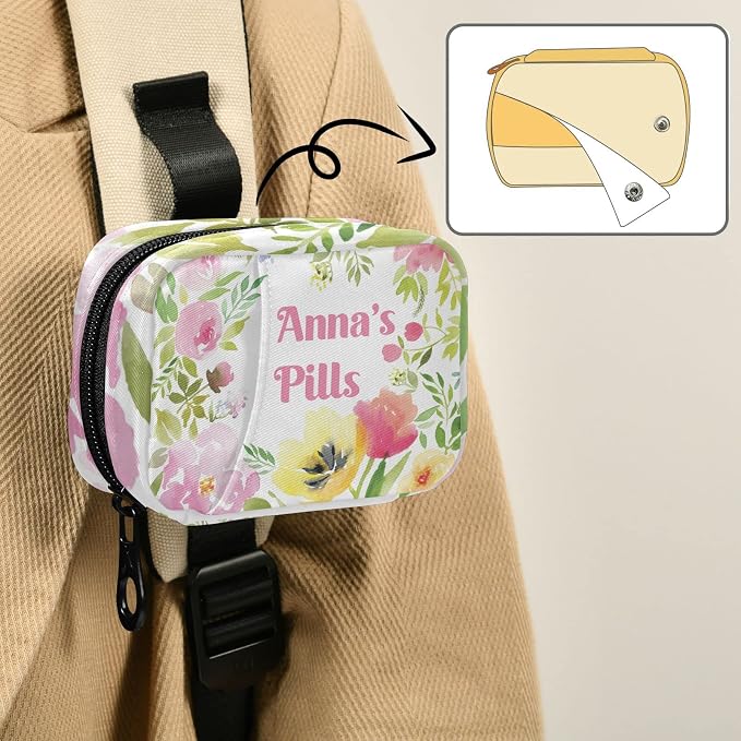 Custom Pill Box 7 Day Pill Case Bag Watercolor Floral Personalized Name Travel Pill Organizer Bag with Zipper Portable Weekly Case Compact Size for Vitamin Supplement Holder