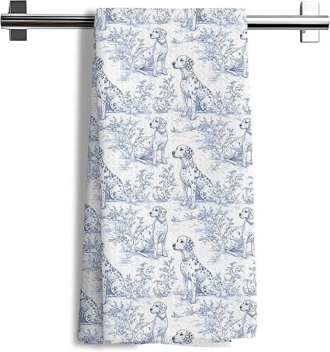 Chinoiserie Dalmation Floral Kitchen Towels,Dalmation Dog Gifts Decorative Hand Towels,Blue and White Grandmillennial Botanical Dog Floral Dish Tea Towels for Kitchen Bathroom, 16x24 Inch