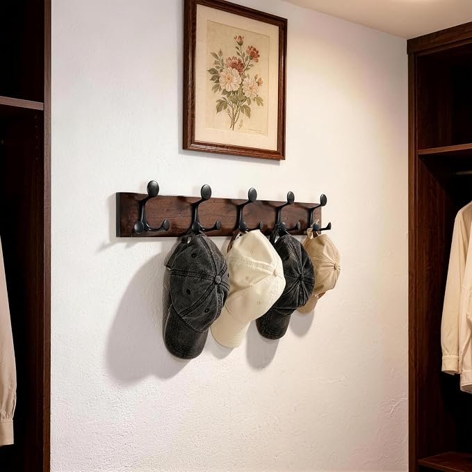 SKOLOO 24-Inch Walnut Wood Coat Rack Wall Mount with 5 Triple Hooks - Ideal for Family Entrances, Classrooms, and Pet Supplies Storage - Perfect Coat Hooks for Wall