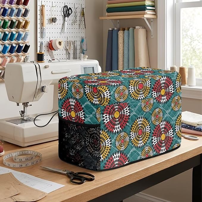 Sewing Machine Cover Polyester Febric Retro Dot Ethnic Flower | Dust Pet Hair Protection,Quilting Design,Fits Standard Singer,Brother Janome Machines,Protecting Decorating Your Sewing Space