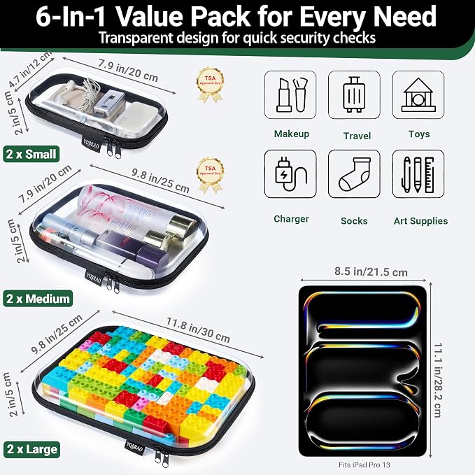 YQBRAO Clear Hard Shell Zipper Cases, 6 Multi-Size Organizers, Black | Rigid clear shells in three practical sizes organize toiletries, cosmetics, cables, stationery and household essentials