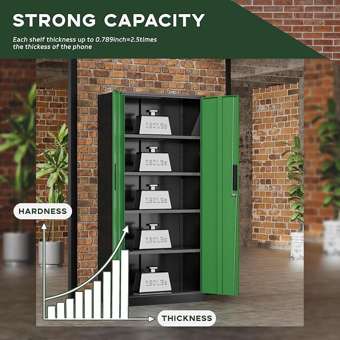 Greenvelly Metal Storage Cabinet, 72" Locking Metal Garage Storage Cabinet with Doors and 4 Adjustable Shelves, Lockable Steel Cabinet for Home Office, Garage, Shop, School (Green 32" W x 16" D)