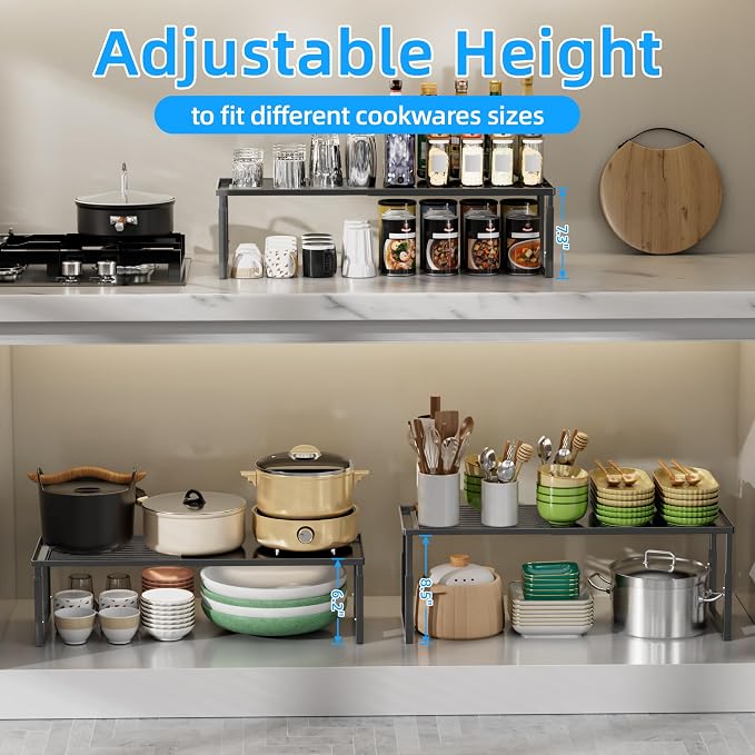 Cabinet Shelves, 2 Pack Stackable Shelves for Kitchen Storage | Expandable & Height Adjustable Cabinet Organizer Shelf | Metal Shelf Organizer | White Spice Rack for Pantry Storage