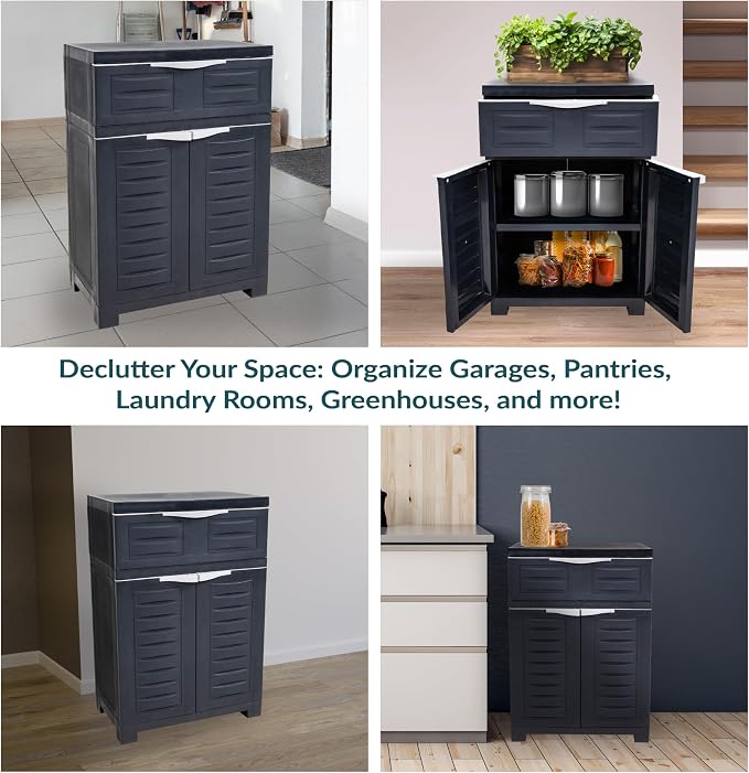 Sunnydaze 34.5" Garage Storage Cabinet with Adjustable Shelf, Charcoal | Heavy Duty Resin Storage Cabinet Resists Rust & Peeling, Utility Cabinet with Drawer & Anti-Tip Kit for Laundry, Office