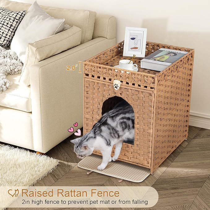 Snughome Cat Litter Box Enclosure Furniture Hidden with Litter Mat, Hidden Washroom Furniture with Door, Handwoven Rattan Cat Washroom Box, Indoor Pet House for Living Room, Bedroom(Natural)