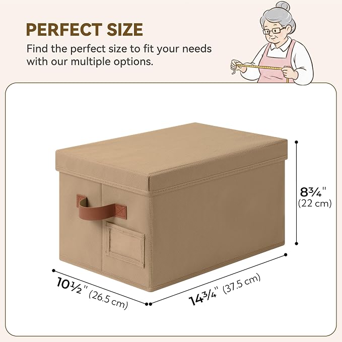GRANNY SAYS Storage Bins with Lids, Decorative Storage Boxes with Lids | Storage Box with Dust Cover, Handles & Lable, Collapsible, Ideal for Closet Clothes Blanket Toys, Medium, Brown, 3-Pack