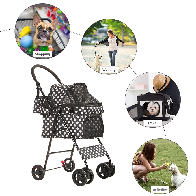 Folding Dog Stroller Travel Cage Stroller for Pet Cat Kitten Puppy Carriages - Large 4 Wheels Elite Jogger - Single or Multiple Pets (Black - 1 cage)