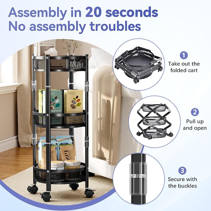 TOOLF 3 Tier Foldable Rolling Cart, Metal Utility Storage Cart, Black | Assembly-Free, Lockable Wheels, Round Trolley Organizer for Bathroom, Kitchen, Office, Dorm, Laundry, Craft Room