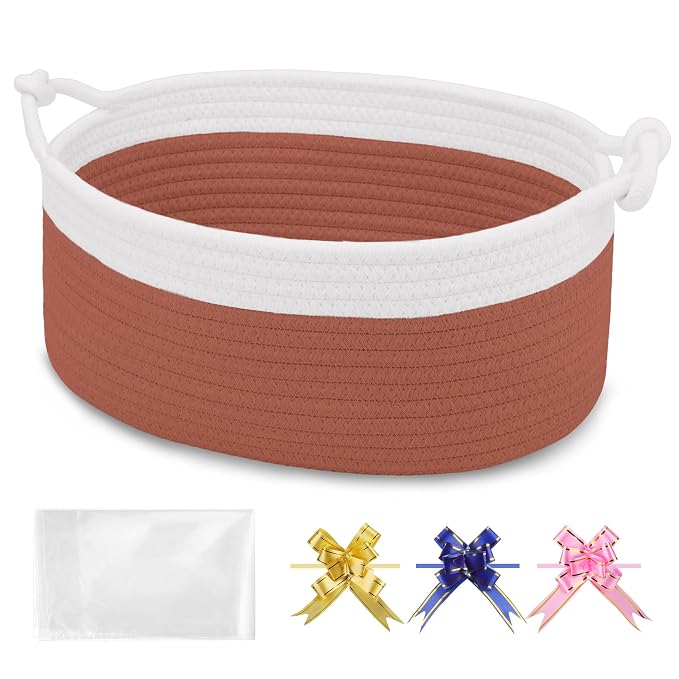 Small Empty Gift Basket with Bag & Ribbons, White&Autumn Glaze | 12“x8”x5”, Cotton Rope Woven Basket for Birthdays, Baby Showers, Mother's Day, Christmas; Stores Small Items, Kids & Pet Toys