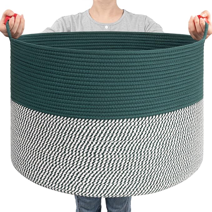 Goodpick Large Storage Basket 22" x 14", Woven Baby Storage for Blanket Living Room, Laundry Organizer for Clothes, Toys, Christmas Basket for Gifts, Green