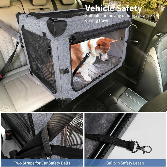 NEZUC Collapsible Dog Crates for Large Dogs Portable Soft Sided Travel Dog Carrier for Indoor & Outdoor, 4-Door Foldable Pet Kennel with Durable Mesh Windows (Gray, 24.0" L x 17.0" W x 17.0")