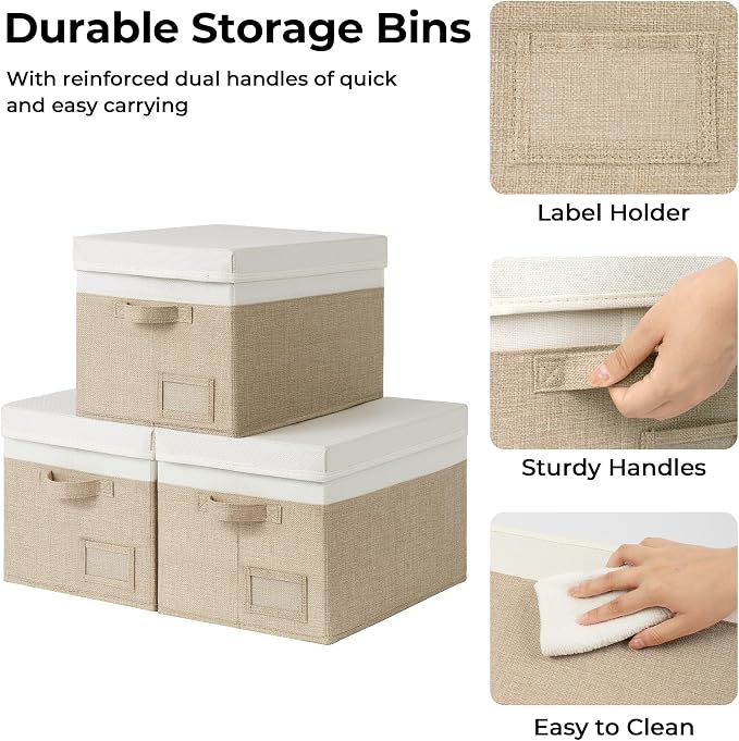 GRANNY SAYS Storage Bins with Lids, Decorative Storage Boxes with Lids | Storage Box with Dust Cover, Handles & Lable, Collapsible, Ideal for Closet Clothes Blanket Toys, Large, White&khaki, 3-Pack