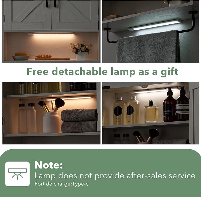 24" Bathroom Wall Cabinet with Barn Doors, Towel Bar & Sensor Light | 3-Color Motion Sensor LED / Double Barn Doors / Adjustable Shelf / Open Shelf / Built-in Towel Bar / Farmhouse Style